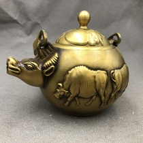 Antique Miscellaneous copper pot Wuniu Tu lifting beam Kettle Kettle Teapot home craft antique ornaments bronze ware