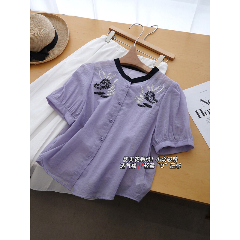 In Stock, Farewell 70% off Heavy-Duty Paisley Embroidery! Sheer Cotton Color-Block Round Neck Shirt for Women `Yzzj132