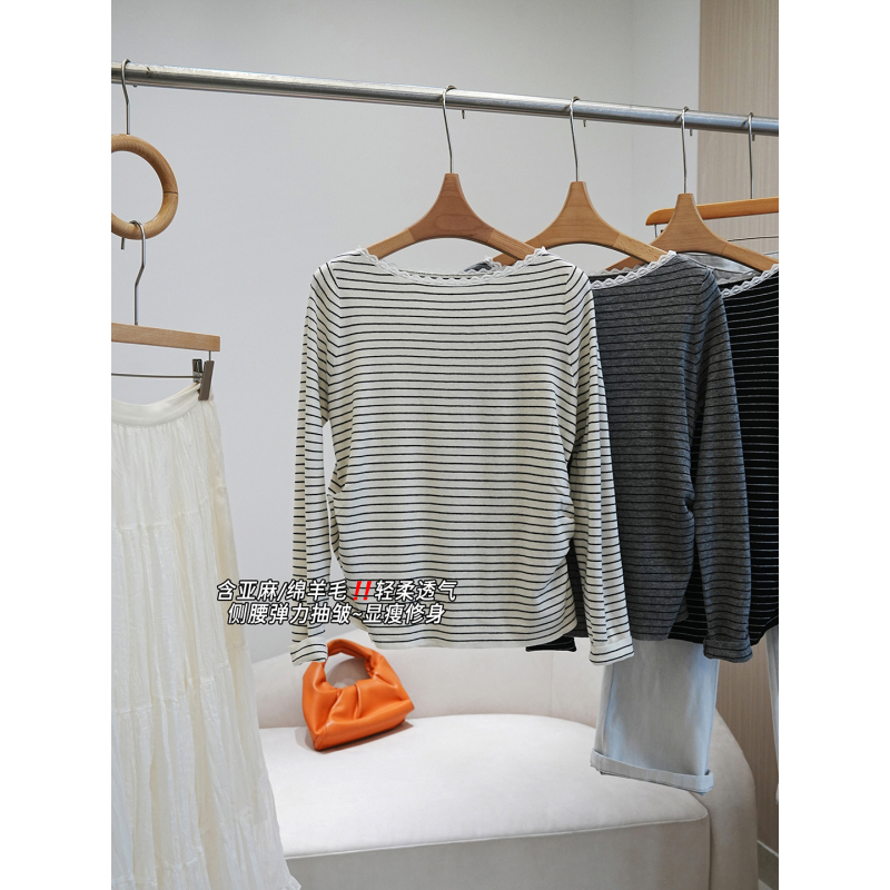 In Stock, Farewell 50% off - Ruched Waist Design! Lace Trim, Boat Neck, Striped Knit T-Shirt for Women `Jzzx064 In Stock, Farewell 50% off - Ruched Waist Design! Lace Trim, Boat Neck, Striped Knit T-Shirt for Women `Jzzx064
