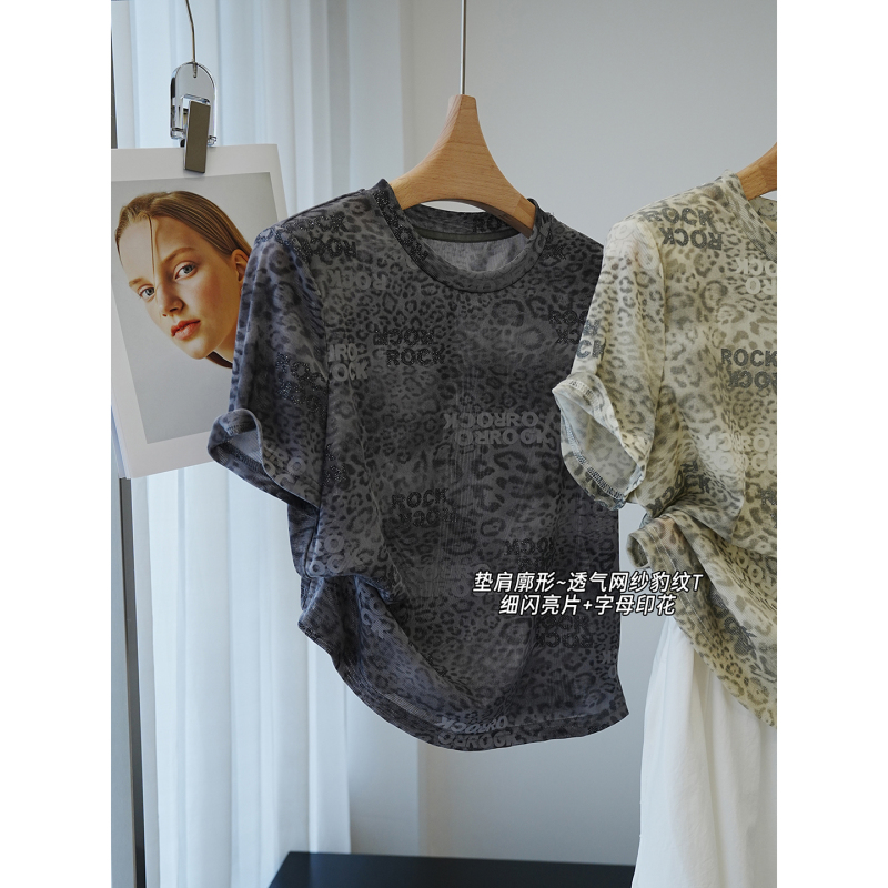 In Stock, Farewell 70% off Sequin Letter Print! Leopard Print Stretch Mesh T-Shirt for Women with Shoulder Pads `Uzzm032 In Stock, Farewell 70% off Sequin Letter Print! Leopard Print Stretch Mesh T-Shirt for Women with Shoulder Pads `Uzzm032