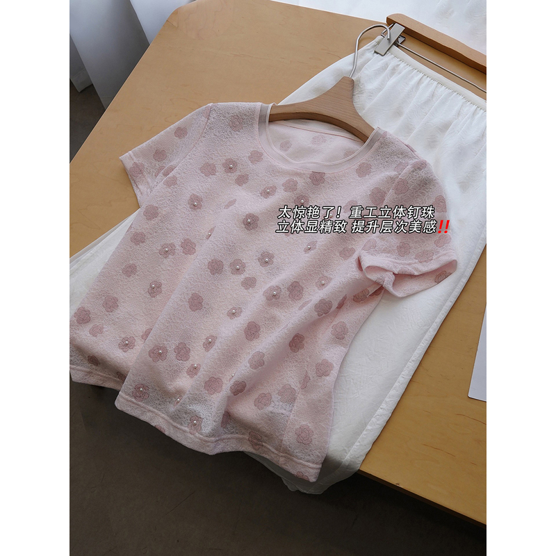In Stock: Farewell 50% off Heavy Beaded Jacquard Sheer French Sweet Style Short Sleeve Top for Women《Yyzj094》