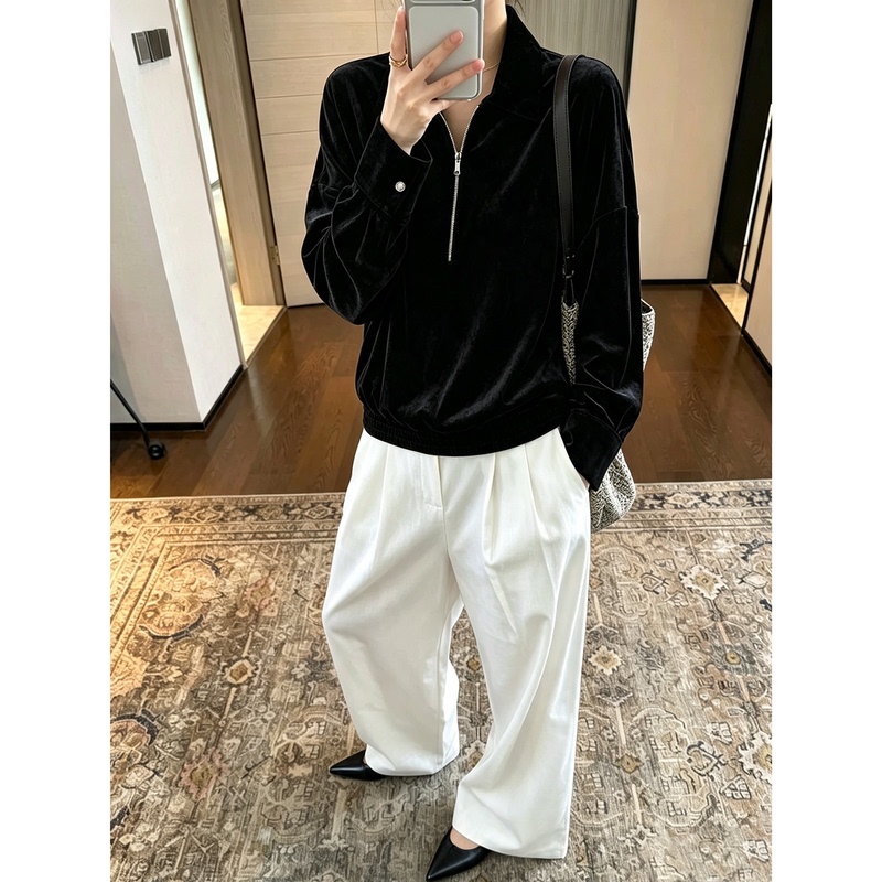 In Stock, Say Goodbye to 70% off! Instantly Look Luxurious! Shimmering Texture, Anti-Wrinkle, Half-Button Velvet Top for Women `Tyzj045`