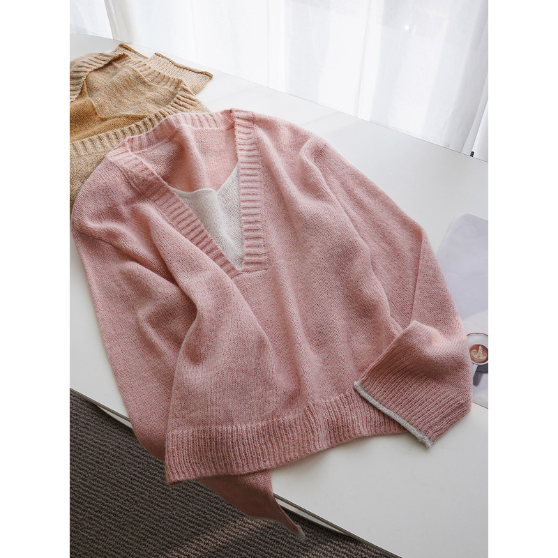 50% off Light and Soft~ Color-Blocked V-Neck Faux Two-Piece Mohair Knit Sweater for Women `Qzzs136