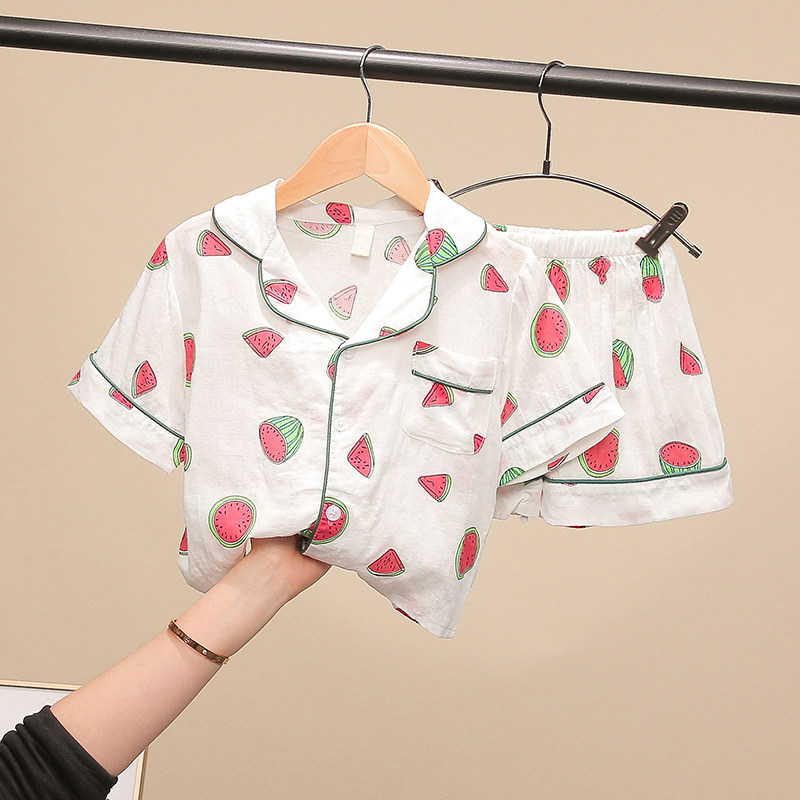 Children short sleeves Sleepwear Pants Sets Summer Thin boy girl's air conditioning Cotton Cotton Cloth Shorts Home Conserved