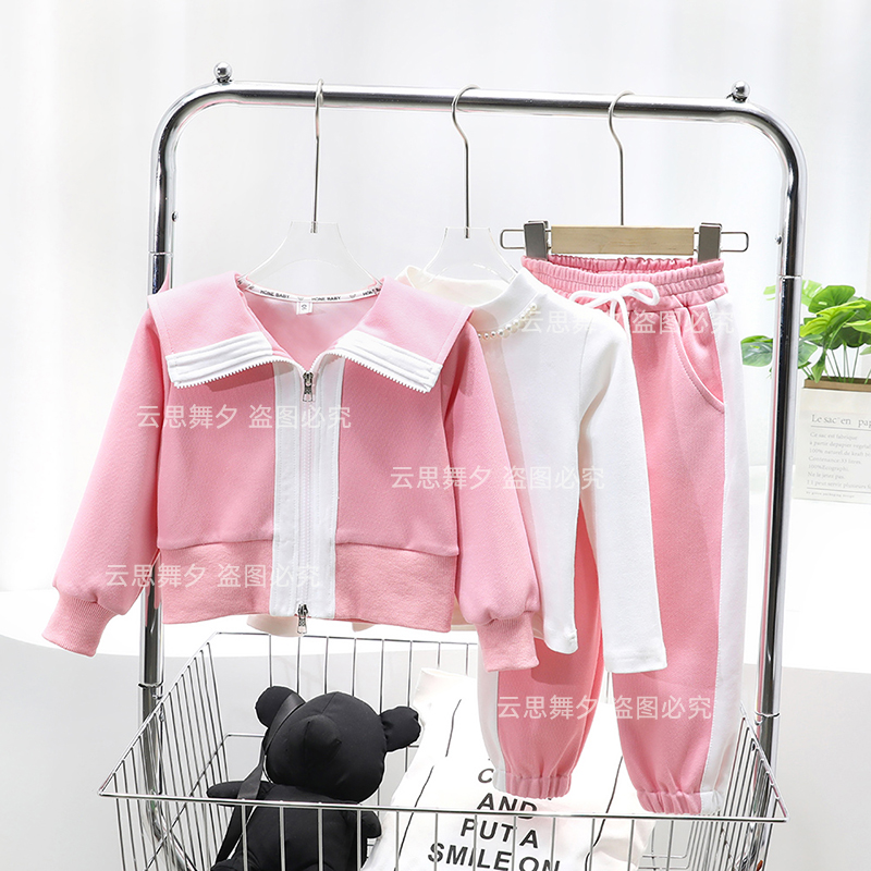 Pro-child fashion Spring new girl closets foreign air sports suit mother woman dress navy collar double zipped cardiovert three-piece set 