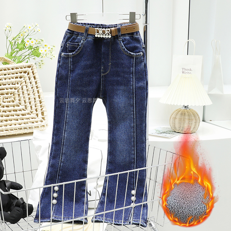 2022 Autumn Winter New Children Elastic Pants Girl Foreign Gas Plus Suede Horn Pants Girl Han Version Thickened Jeans 