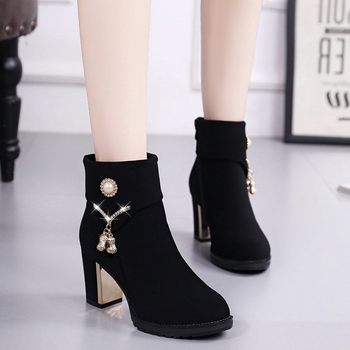 Mid-Heel Short Boots for Women, Chunky Heel, 2023 New Autumn and Winter Ankle Boots, Fleece-Lined Short High-Heeled Shoes, Suede Slimming Round-Toe Cotton Boots