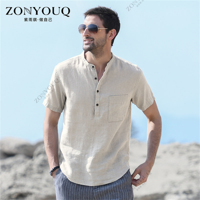 Linen Short-Sleeved T-Shirt for Men, Summer Thin Style, Breathable and Sweat-Absorbent, Retro Stand-Up Collar, Old Money Style Shirt, Chinese Style Top