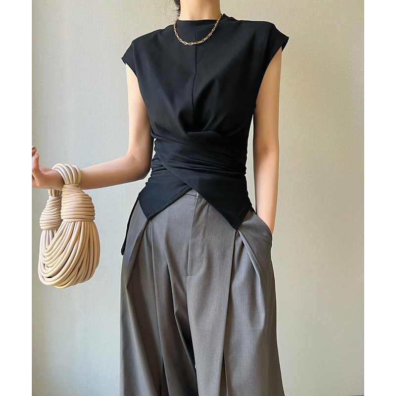 Ayingjia Old Money Shirt Women's Cross Knot Shirt Black Commuter Loose Elegant Sleeveless Niche Top