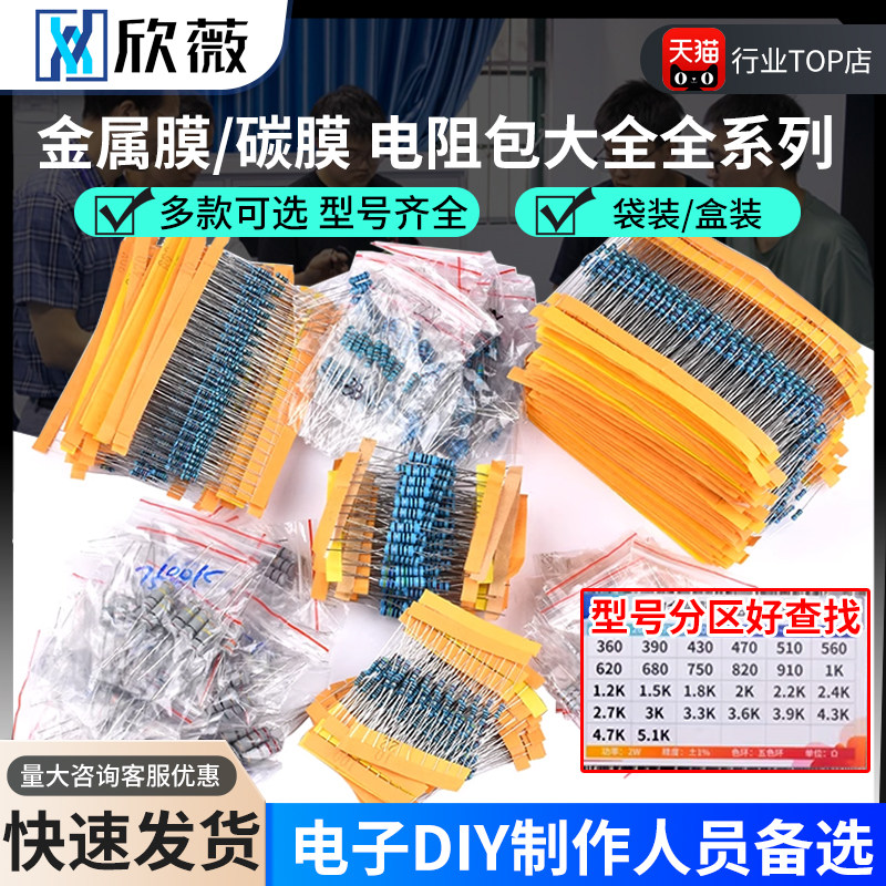 1/4W金属膜电阻包1/2W1W2W3W5W直插电子元件包30/41/130种1%常用