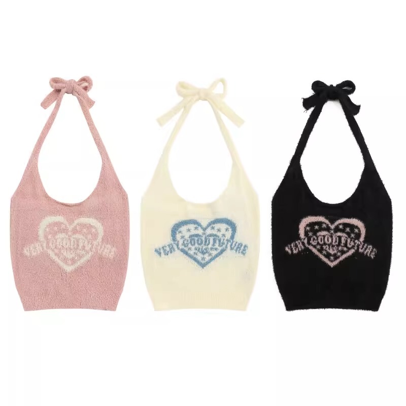 2026 New Knitted Camisole for Women, Hot Girl Style, Heart Jacquard, Sweet and Cool Style, Halter Neck Vest, Plush Waist-Revealing Top 2026 New Knitted Camisole for Women, Hot Girl Style, Heart Jacquard, Sweet and Cool Style, Halter Neck Vest, Plush Waist-Revealing Top