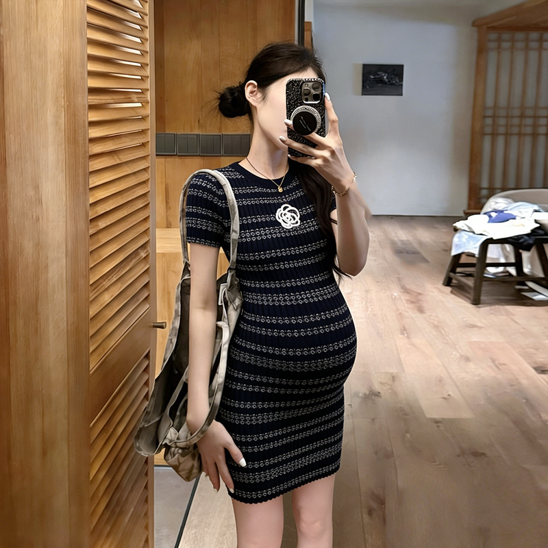 Petite Maternity Dress for Women, Summer Style, Chanel-Inspired Knitted Striped Straight Skirt, Stretchy Bodycon Skirt, Mid-Length Petite Maternity Dress for Women, Summer Style, Chanel-Inspired Knitted Striped Straight Skirt, Stretchy Bodycon Skirt, Mid-Length