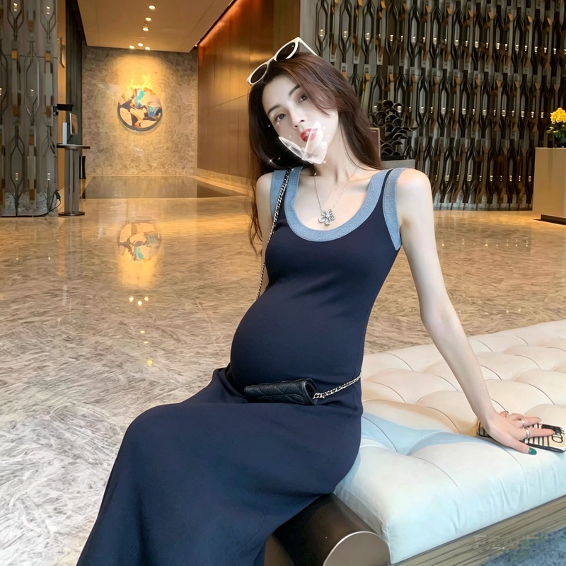 Trendy Mom Sleeveless Knitted Maternity Dress for Women, New Summer French Style, Elegant and Slimming Bodycon Strap Dress Trendy Mom Sleeveless Knitted Maternity Dress for Women, New Summer French Style, Elegant and Slimming Bodycon Strap Dress