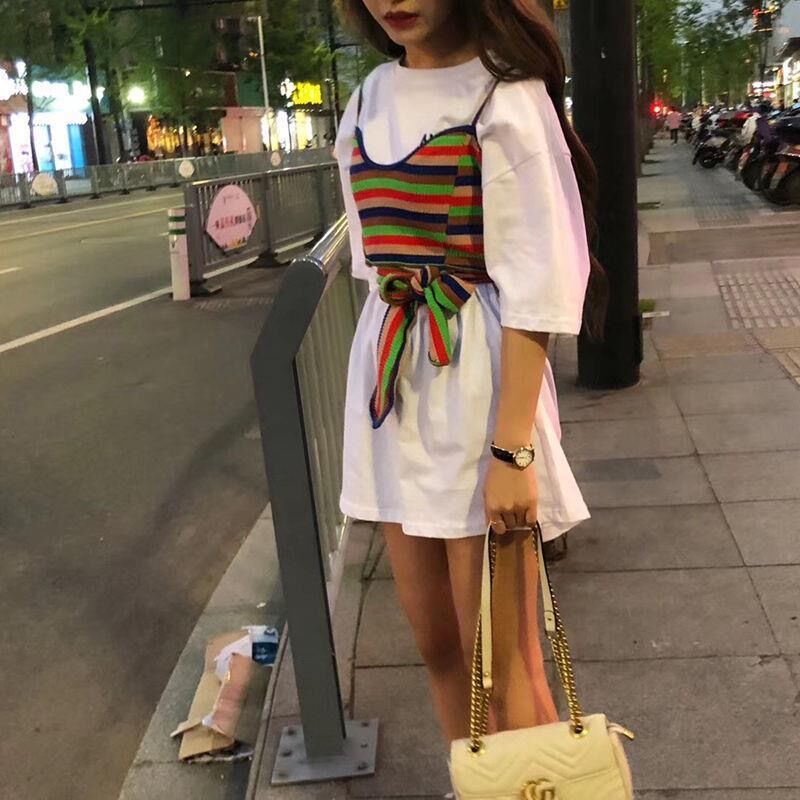 Women's dress suit Summer mid-length T-shirt short sleeve Rainbow harness vest blouses two sets of damp
