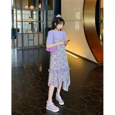 Set spring and summer new Korean sweet loose purple T-shirt high waist floral sling two-piece dress women