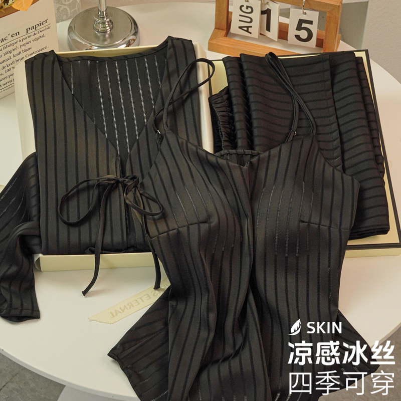 Fenten Ke'An High-End Ice Silk Pajamas for Women, New Spring and Summer Sexy Camisole Three-Piece Set, Gift Box for Best Friend or Girlfriend