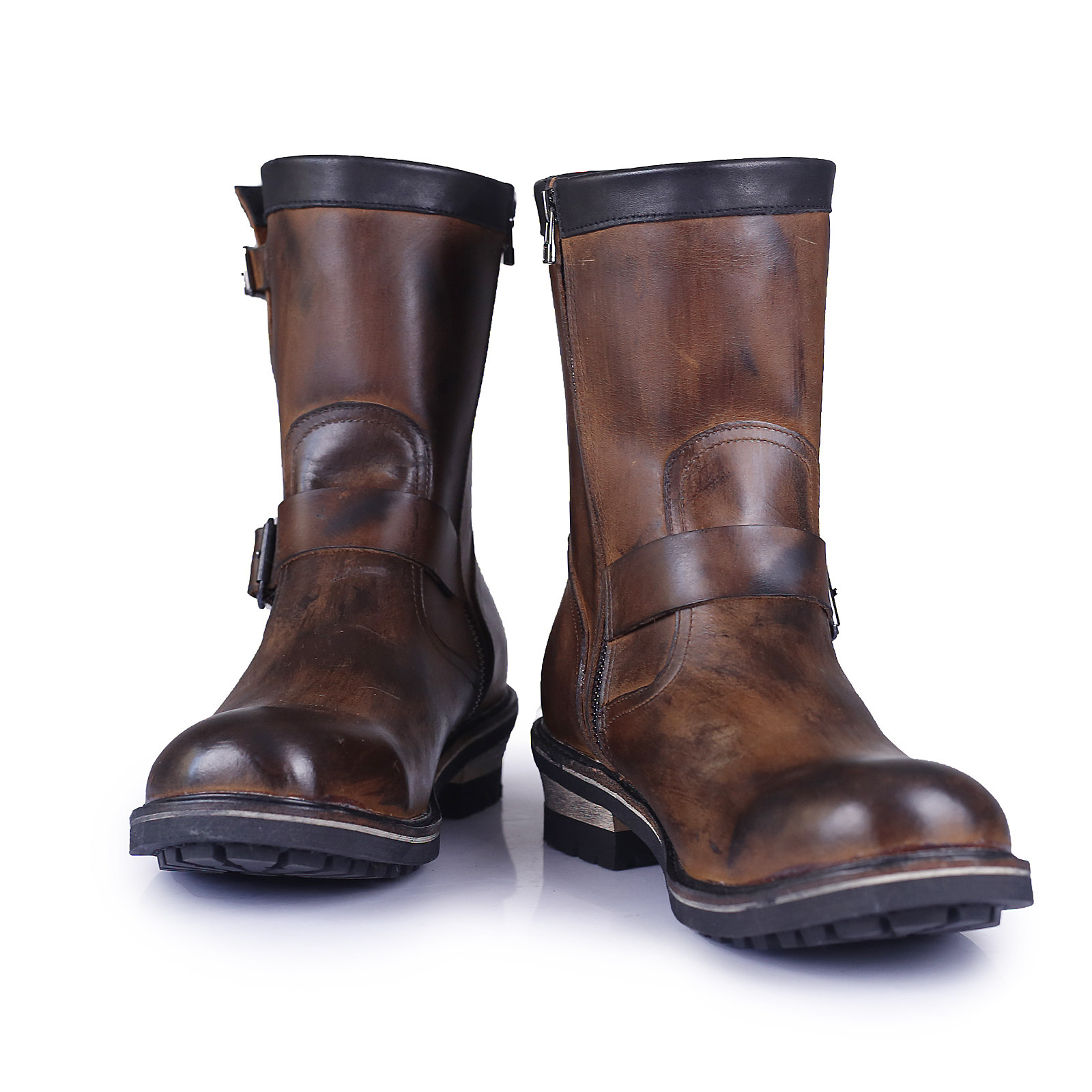Retro Mens Motorcycle Mid Calf Boots Workwear Zipper Real Leather