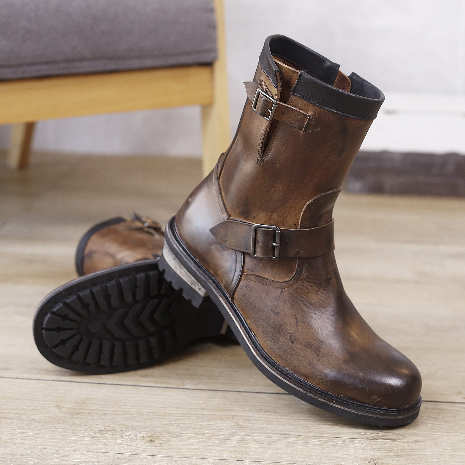 靴 Mid Cut Leather Boots Retro Mens Motorcycle Mid Calf Boots Workwear Zipper Real Leather