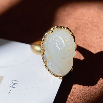 Hotan jade, xinjiang gold-skinned white jade seed material, pixiu 18k gold set, national style ring