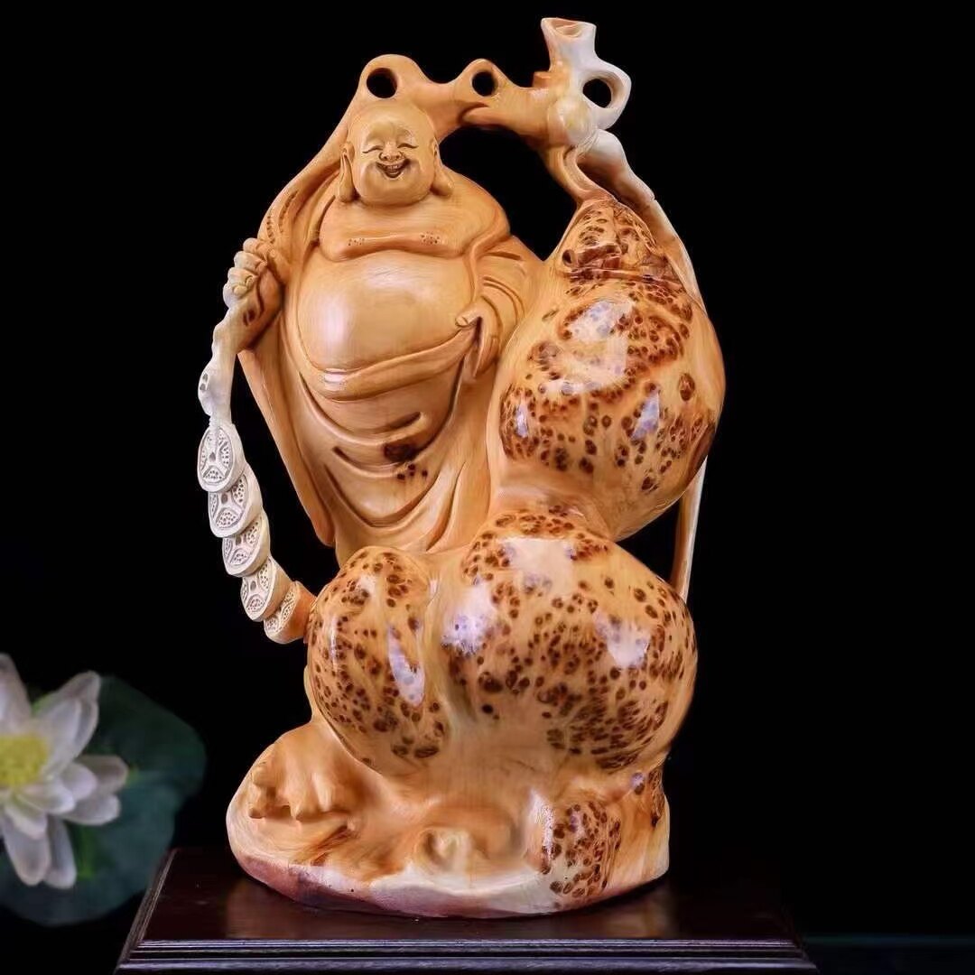 The Taihang Cliff Millwood Wood Sculpted Pendulum logs root carvings full of tumor scars Smiling Buddha Statues Big Belly