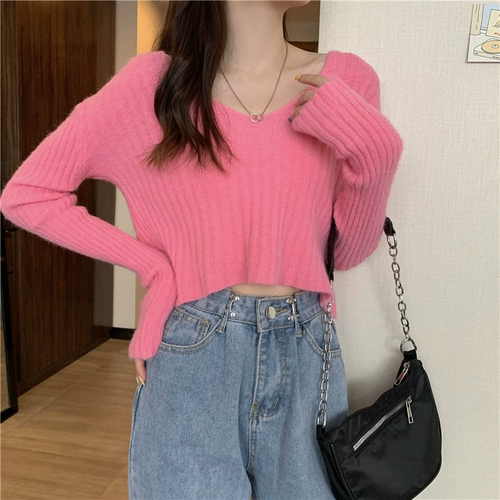 Весенний короткий приталенный трикотажный тонкий цветной приятный телу свитер, коллекция 2021