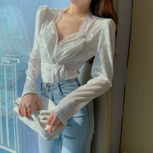 Осенняя бархатная кружевная короткая рубашка, 2020, французский стиль, V-образный вырез, рукава фонарики