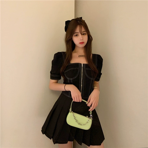 Летняя ретро сексуальная короткая рубашка с молнией, 2020, в корейском стиле, французский стиль, квадратный вырез, рукава фонарики, яркий броский стиль