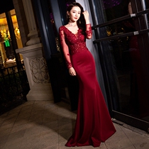 Evening dress women 2021 New banquet temperament long noble ladies dinner sexy tailed red toast dress