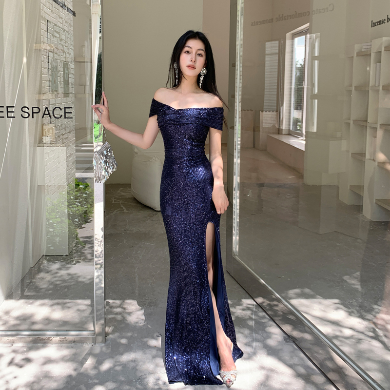 One-Shoulder Evening Dress with Slit, Sequins, Celebrity Style, Coming-Of-Age Ceremony, Graduation Dress, Host Evening Gown, Long Dress for Women
