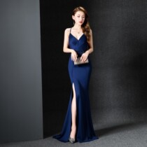 Sexy slim sling V-neck backless tailing party dress slimming annual meeting host party Club celebrity evening dress