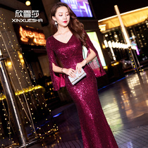 High-end fantasy evening dress womens new sequins Noble Banquet fishtail long host wine red awe Queen