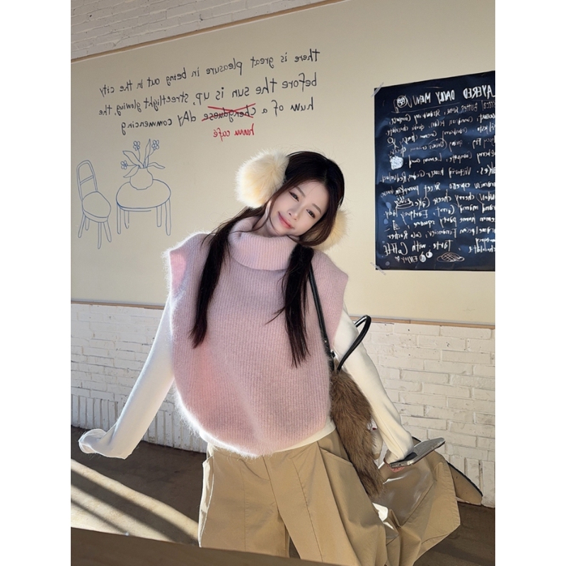 Manbuli Korean Style Sweet High-Neck Knitted Vest Sweater for Women, Autumn and Winter Lazy Style Loose Vest Top