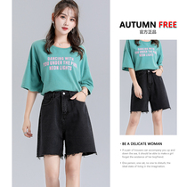 2022 new summer thin black denim shorts womens high waist loose and thin straight Hong Kong style five-point pants