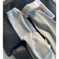 2022 new gray autumn and winter plus velvet thickened leggings sports pants womens high waist loose casual American pants