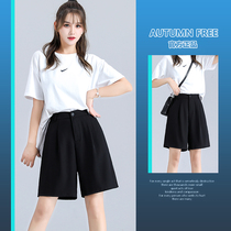 2022 new summer thin black suit shorts womens high waist loose a-line casual wide-leg five-point pants