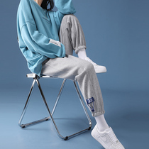 2022 new spring and autumn gray high-waist sports pants womens loose and thin autumn and winter plus velvet casual American style leggings sweatpants