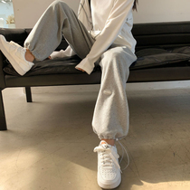 2022 new grey sports pants womens high waist loose autumn and winter plus velvet thickening American style leggings casual pants