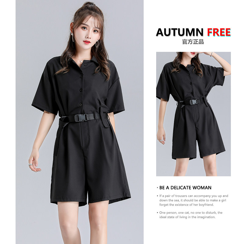 2022 new summer slim fit overalls shorts female high waist display slim loose black wide-leg ultra-fire suit