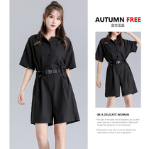 2022 new summer thin one-piece overalls shorts womens high waist and thin loose black wide leg super hot suit