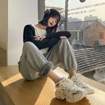 2022 new autumn and winter plus velvet thick gray sports pants womens high waist loose casual beam feet American pants