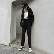 Spring and Autumn 2021 new black straight pants womens high waist Korean version of loose slim casual pants nine-point suit pants tide