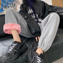 2022 new autumn and winter plus velvet thick gray wide-leg sports pants womens high waist loose casual beam guard pants