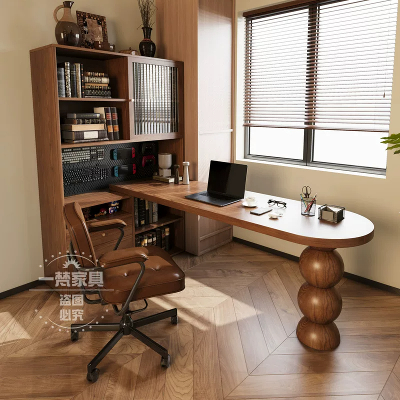 Oval Solid Wood Desk with Corner Storage Bookshelf, Integrated Table in Antique Style, Designer Computer Desk, Bedroom Office Desk Oval Solid Wood Desk with Corner Storage Bookshelf, Integrated Table in Antique Style, Designer Computer Desk, Bedroom Office Desk