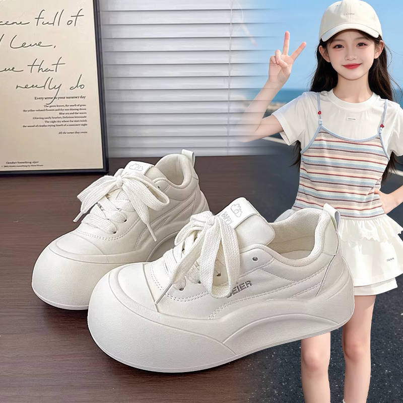 Girls' White Thick-Soled Sneakers 2026 New Model for Older Children, Girls' Lace-Up Casual Shoes, Student Sports Shoes, Beige