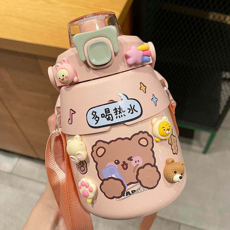 Double drink large belly insulation cup female students with high value of 316 large capacity straw cup children can be portable lean water kettle