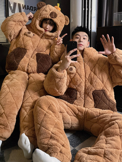 2025 New Cartoon Coral Fleece Couple Pajamas Women's Autumn and Winter Plus Velvet Thickened Three-Layer Quilted Men's Home Clothes