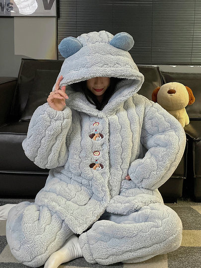 2025 New Cartoon Puppy Coral Velvet Couple Pajamas Women's Autumn and Winter Three-Layer Cotton Thickened Men's Home Clothes