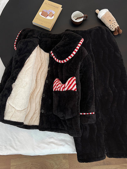 Bow 2025 new coral velvet pajamas for women autumn and winter three-layer quilted plus velvet thickened flannel home clothes