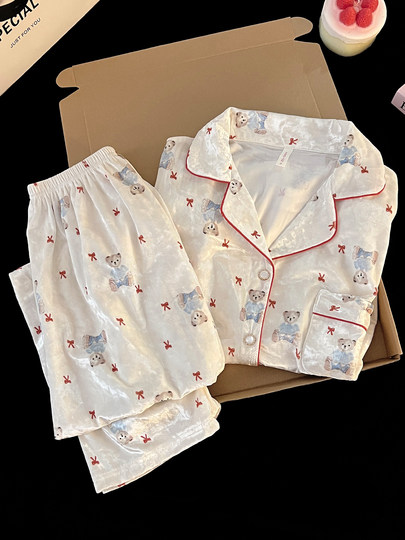 2025 new gold velvet bear pajamas for women in spring, autumn and winter, plus velvet, thickening, warm, sweet and cute home clothes
