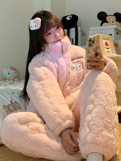 2025 new hellokitty coral velvet pajamas for women winter three-layer quilted plus velvet thickened cute home clothes